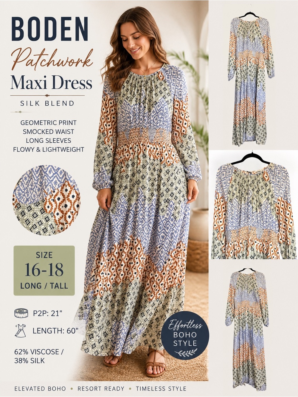 Boden Silk Blend Patchwork Maxi Dress Smocked Waist Boho 16-18 Long/Tall Cottage